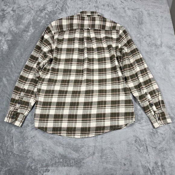 Orvis Shirt Mens Large Beige Green Plaid Heavy Flannel Button Up Shacket Hiking - Picture 8 of 10